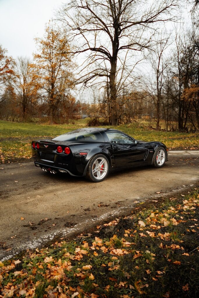 A black sports car parked on the side of a road