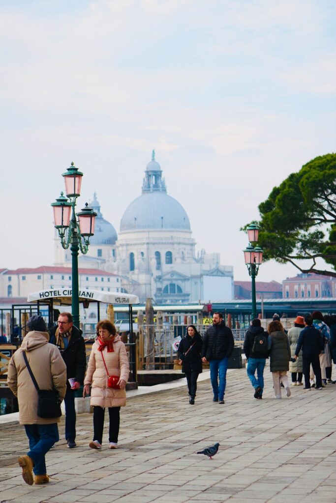 a group of people walking down a street next to a bird