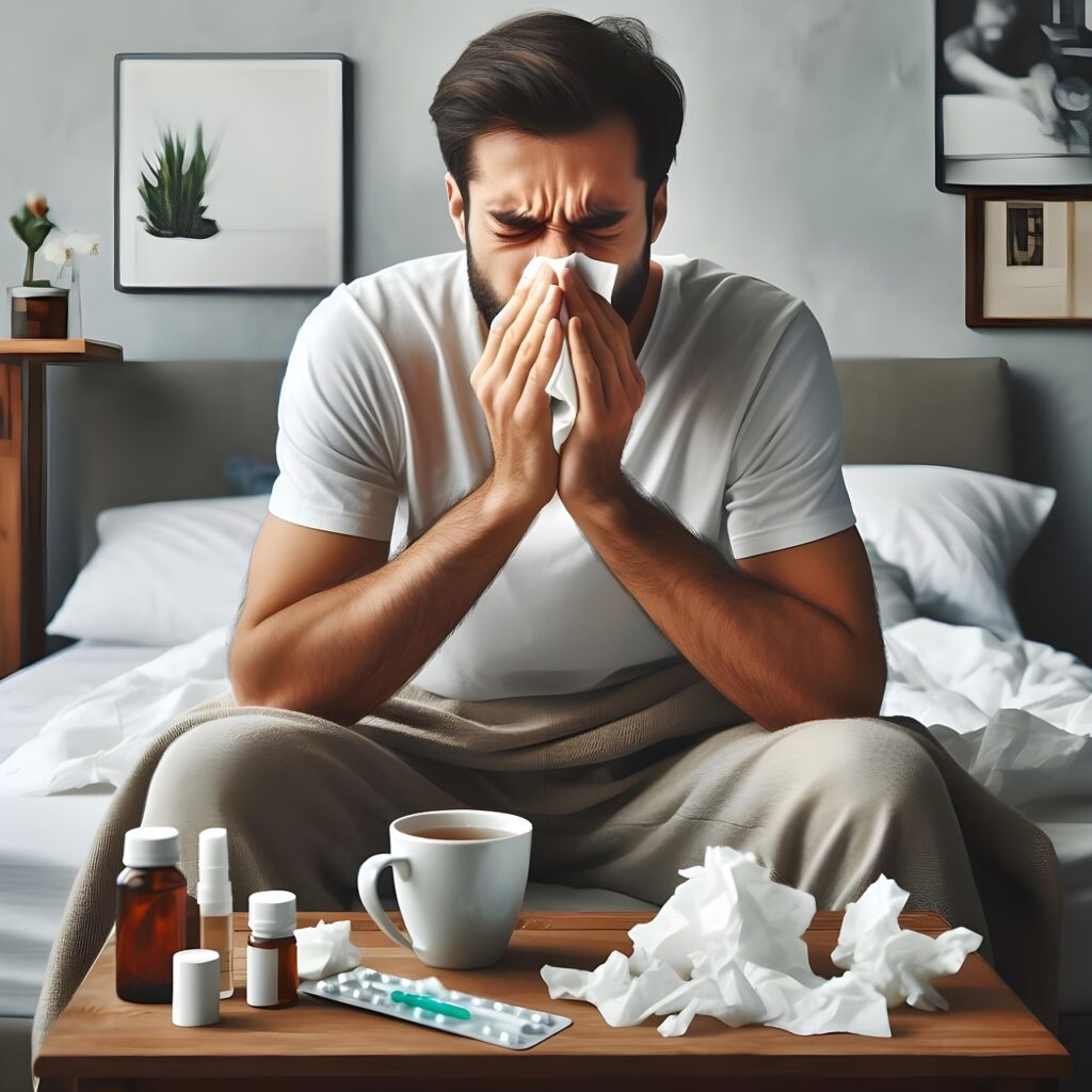 man, sick, flu, disease, health, cold, a bed, treatment, snot, suffering, ai generated