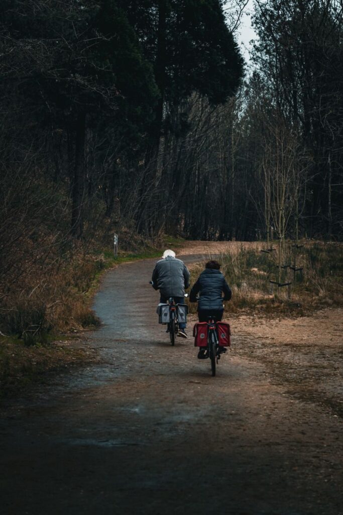 Two cyclists enjoy a peaceful ride through the serene forest paths of Maasmechelen, Belgium.
